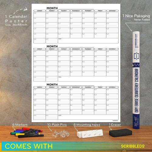 Large 36x48 Quarterly White Board Calendar Dry Erase Calendar for Wall 3 Month Big Dry Erase Wall Calendar Monthly Dry Erase Board Planner Includes 6 Markers Eraser Push Pins & Mounting Tape