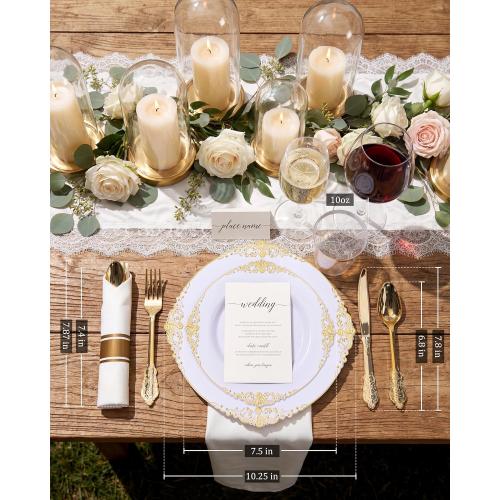 Nervure 350PCS Gold Plastic Plates - Gold Plastic Dinnerware Sets for 50 Guests - 100 Disposable Plates, 150 Silverware, 50 Cups, 50 Napkins for Wedding & Party