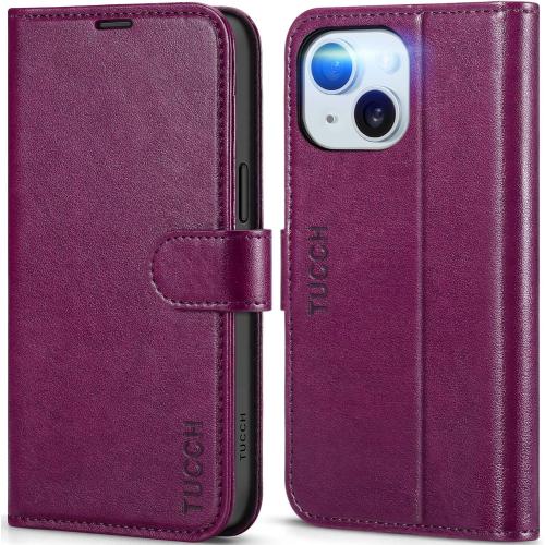 New Open for inspection TUCCH Case Wallet for iPhone 15 6.1-inch 5G, [TPU Shockproof Inner Shell] PU Leather [RFID Blocking] 4 Credit Card Holder Magnetic Kickstand Flip Cover Compatible with iPhone 15 6.1 2023, Plum Purple