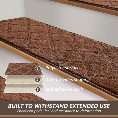 9.5x36 Stair Treads for Wooden Steps Indoor, 15 Pcs Non Slip Peel and Stick Carpet Stair Treads, Washable & Reusable Self Adhesive Stair Runner Rug for Kids Elders Pets - Brown