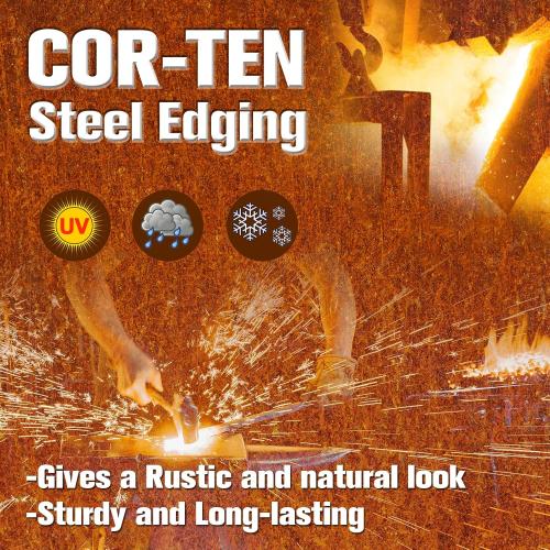 Worth Garden 20ft Pre-Rusted Cor-Ten Steel Landscape Edging – Heavy Duty Metal Garden Edging Border, 40 L x 6-Pack 5.5 H Panels, No-Dig Hammer-in Lawn & Yard Edging with 7 Clamps & Gloves