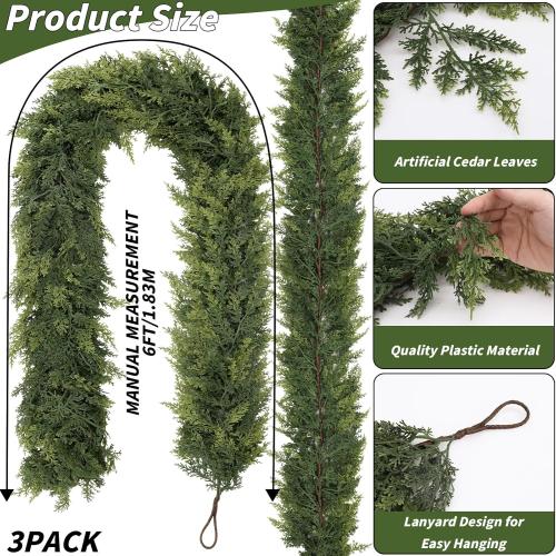 3 Pcs 6FT Christmas Cedar Garland Artificial Realistic Faux Green Cedar Pine Garland Real Touch Christmas Garland for Xmas Home Decoration Indoor Stairs Railing Fireplace Outdoor