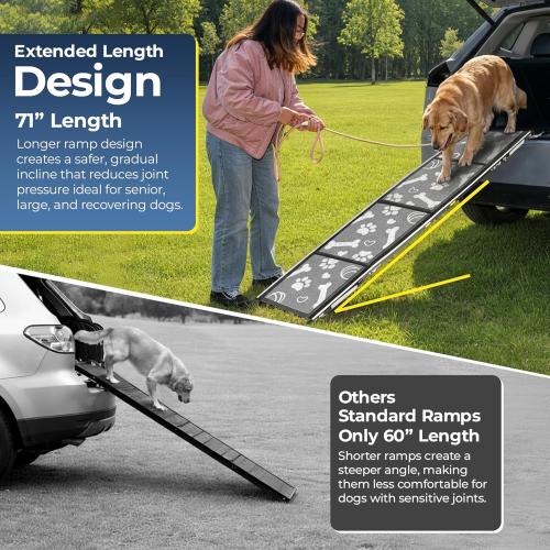 Dog Ramp for Car, SUV & Truck, 71 Long x 20 Wide, Extra Side-Strap Stability System, Non-Slip Quad-Fold Pet Ramp for Large Dogs, 250 lb Capacity (Paw Print Design)