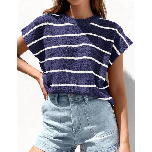 Max studio Womens Summer Short Sleeve Tops 2026 Trendy Crew Neck Striped Knit Sweater Business Casual Spring Clothes size xs