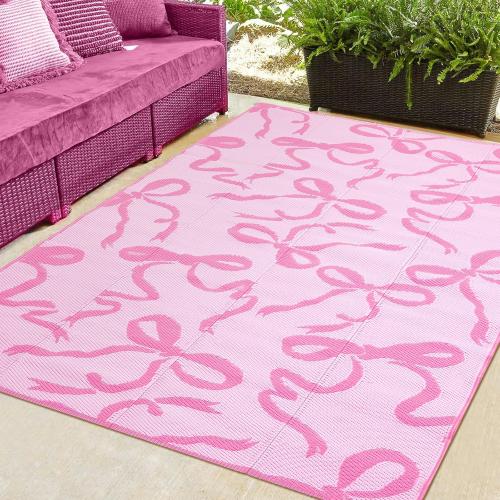 Nuanchu Outdoor Rug Plastic Straw Rugs 5x8 ft Pink Bow Camping Patio Rug Coquette Carpet Mat Indoor Outdoor Rv Mat for Valentines Outside Beach Pool Patio Backyard Deck