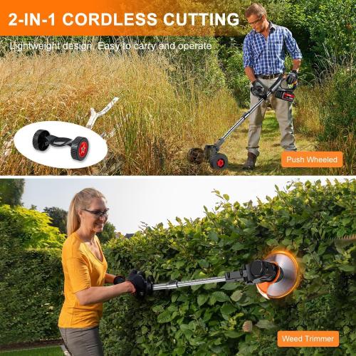 Cordless Weed Wacker with Wheels, 880W Battery Powered Weed Eater with 2 x 21V Batteries, 3-in-1 Electric Grass Trimmer & Brush Cutter with 5 Types Blades, Lightweight Weed Trimmer for Lawn & Garden