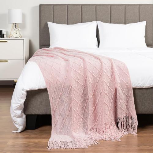 PAVILIA Light Pink Knit Throw Blanket for Couch Bed, Soft Knitted Farmhouse Sofa Throw for Living Room, Lightweight Decorative Summer Throw Blanket for Chair, Outdoor Textured Boho Blanket, 50x60