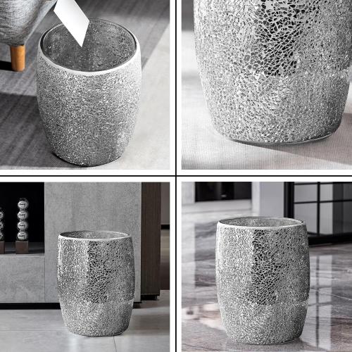 Modern Bathroom Trash Can Silver Mosaic Glass 5L | 7 x 10 | Luxury Waste Basket for Restroom, Bedroom, Office & Kitchen | Decorative Small Garbage Can | Silver Glitter Bathroom Accessories