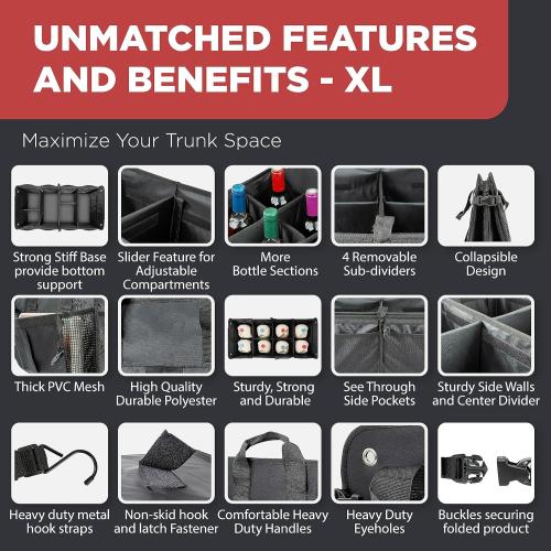 TRUNKCRATEPRO Size  XL Color Black  Premium SUV, Truck, Car Trunk Organizer With Expandable Compartments - Lightweight Foldable Cargo Organizer
