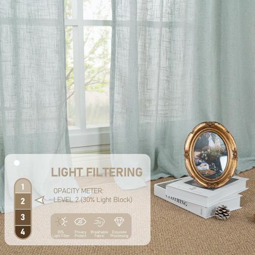 LAMIT Short Linen Window Curtains 30 Inches Long 3 Panels, Greyish Blue Semi Sheer Light Filtering Panels Back Tab and Rod Pocket Neutral Drapes for Basement/Small Windows, 34 x 30 Inch