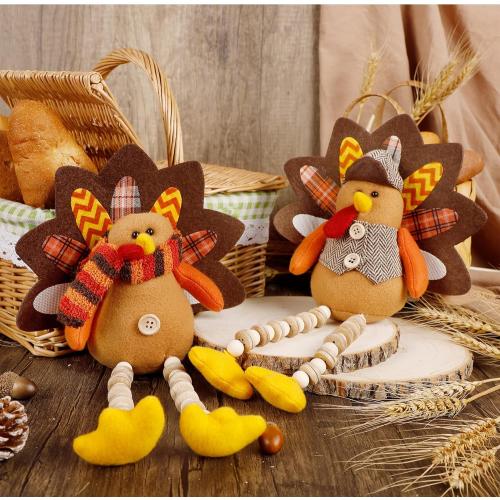 winemana 2 Pack Thanksgiving Turkey Decorations - Stuffed Animal Shelf Sitters with Dangling Legs for Table, Cute Turkeys Figurine Fall Decor for Home, Porch & Indoor Mantel Holiday Decor