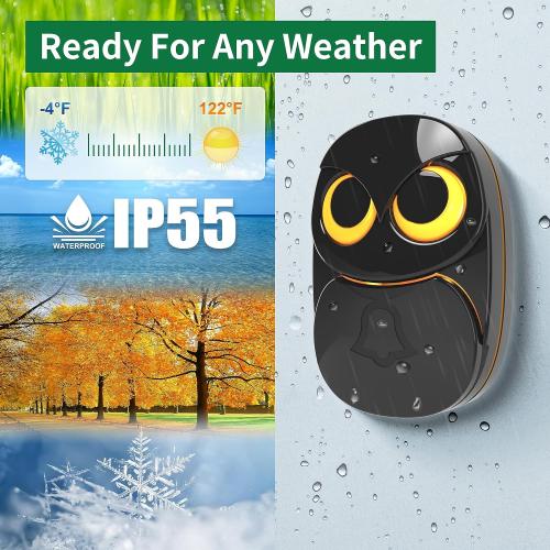Wireless Doorbell, Cute Owl Doorbell Weatherproof IP55 Outdoor Remote Push Button- 1000 Feet Long Wireless Range, 1 Receiver   1 Transmitter, Black