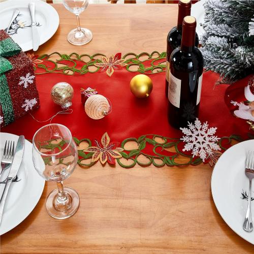 AMARED Christmas Embroidered Table Runner Cutwork Green Leaves Holiday Table Linens for Christmas Decorations 15x69 Inch