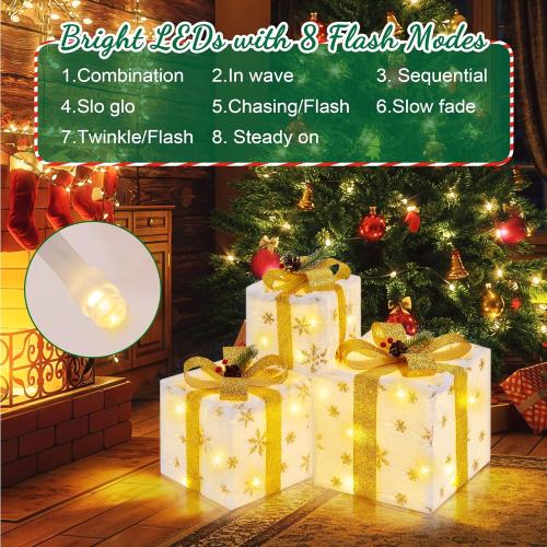 Set of 3 Christmas Lighted Gift Boxes, Plush Pre-lit 70 LED Light Up Present Boxes with Gold Snowflake, Battery Operated Christmas Decorations for Indoor Home, Housen Solutions