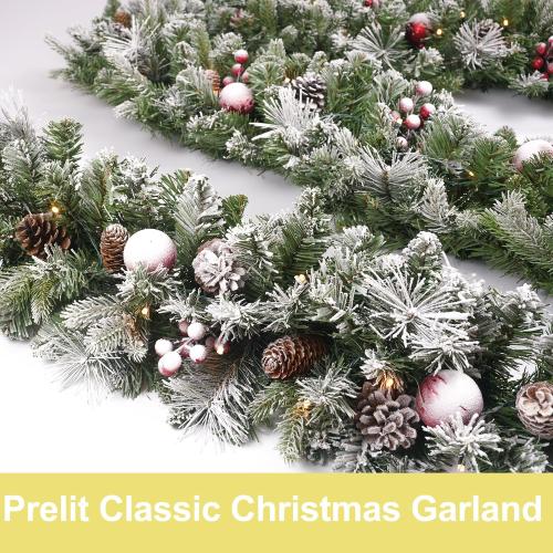 Christmas Garland Flocked 9ft with 50 Lights, Christmas Decor with Pine Cone Red Balls & Berries 50 Light Timer for Mantle Staircase Indoor and Outdoor
