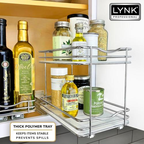 LYNK PROFESSIONAL® Pull Out Spice Rack Organizer for Inside Kitchen Cabinets - 6-3/8 inch Wide - Slide Out Drawer – Chrome Sliding Spice Organization for cabinet - Spice Racks - 2 Tier