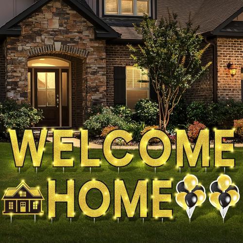 Yerliker 14 Pcs Welcome Home Yard Sign with Stakes LED Light 12.6 Welcome Home Lawn Sign Outdoor Yard Letters Decorations Patriotic Military Homecoming Party Supplies (Gold)