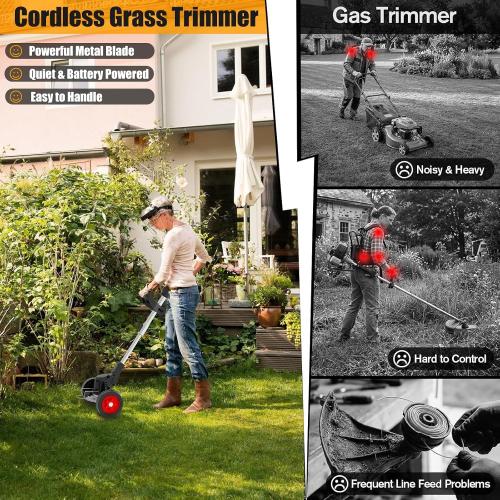 21V Electric Weed Wacker Cordless Weed Eater Battery Powered String Trimmer Battery Operated,3 in 1 Grass Trimmer/Brush Cutter/Lawn Edger, Metal Blades,Wheels, Stringless Weed Trimmer for Garden Yard