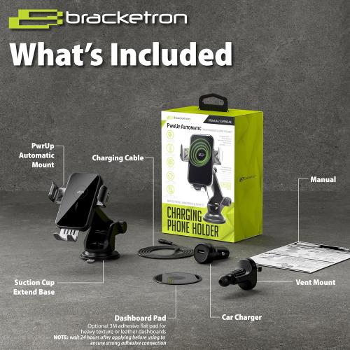 Bracketron PwrUp Auto 15W Qi Fast Wireless Charging Car Mount Dashboard Windshield Air Vent Cell Phone Charger Cellphone Holder Desk Night Stand