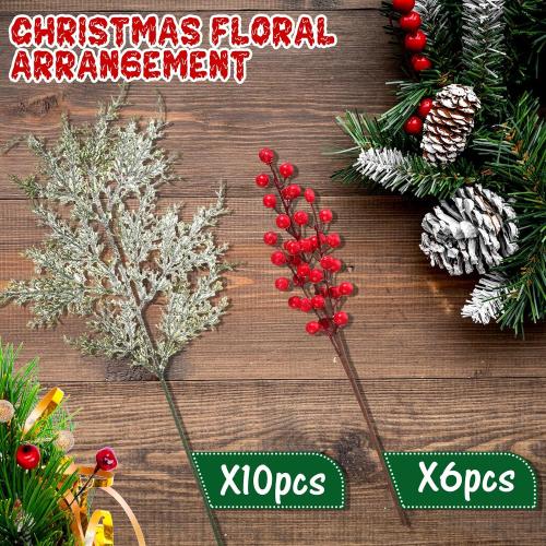 16 Pcs Christmas Tree Branches Filler Artificial Pine Branches with Berry Stems Christmas Tree Picks Greenery Sprays Berry and Cedar Picks for Vase Fillers Table Decor(Snow Cover,Red)