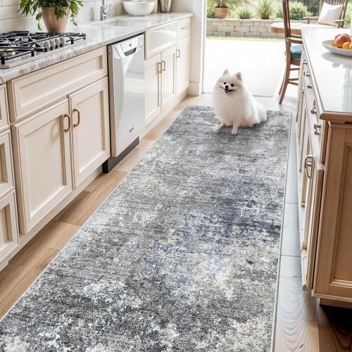 4x10 Wide Runner Rug for Hallway, Washable Non Slip Long Kitchen Rug, Soft Low Pile Carpet for Entryway Bedroom, Modern Abstract Area Rug (Blue Grey,4x10)