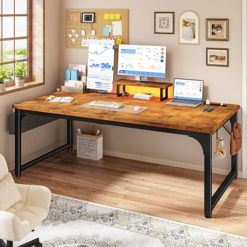 55 x 24 inch Desk with Power Outlets, Computer Desk with Monitor Stand & Light & Storage Bag, 0.95 Inch Thicker Desktop of Office Desk, Writing Desk for Home Office, Study, Bedroom, Brown