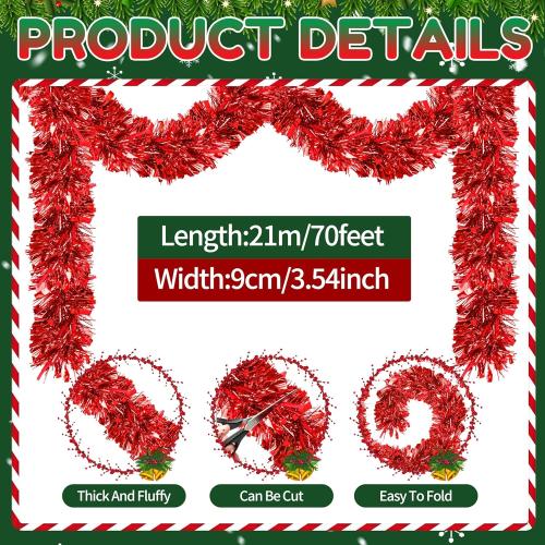 70 Ft Christmas Tinsel Garland Metallic Tinsel Twist Garland Glitter Christmas Tree Hanging Decorations for New Year Party Birthday Holiday Indoor Outdoor Supplies (Red)