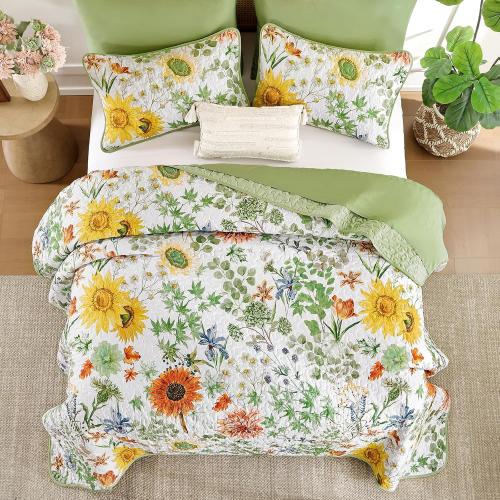 Yiran Floral Quilts ,Sunflower Botanical Bedspreads, Sage Green | Soft Lightweight Bedding Set, Microfiber Coverlet with 2 Pillow Shams, Summer Bed Sets for All Season