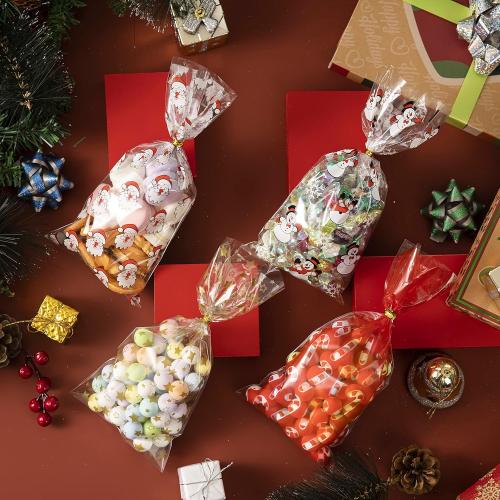 JOYIN 144 PCS Christmas Cellophane Bags with Ribbon for Holiday Treats, Christmas Clear Cello Gift Candy Cookie Bags for Party Favors, Festivals Presents, Party Supplies (11” X 5”)