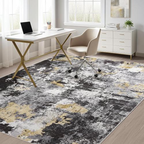 Washable Rug 8x10 Area Rugs for Living Room: Modern Abstract Neutral Soft Carpet for Bedroom Dining Room Under Kitchen Table Home Office Decor - Black Gold