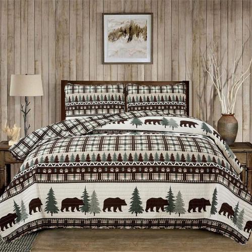 Market & Place 3 Piece Reversible Quilt Set with Shams | All-Season Soft & Lightweight Bedspread | Rustic Lodge Cabin Printed Plaid Design | Cedar Creek Collection (Full/Queen, Chocolate/Green)