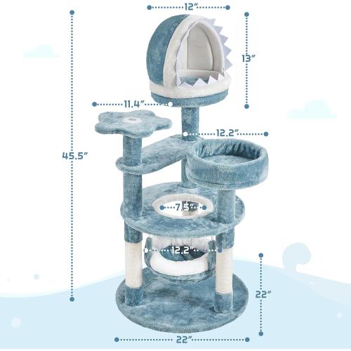 Yaheetech 45.5in Ocean-Themed Cat Tree Multi-Level Cat Tower, Plush Pet Furniture with Shark's Mouth-Shaped Nest, Sea Star-Shaped Perch, Jellyfish-Style Hammock for Indoor Kitty