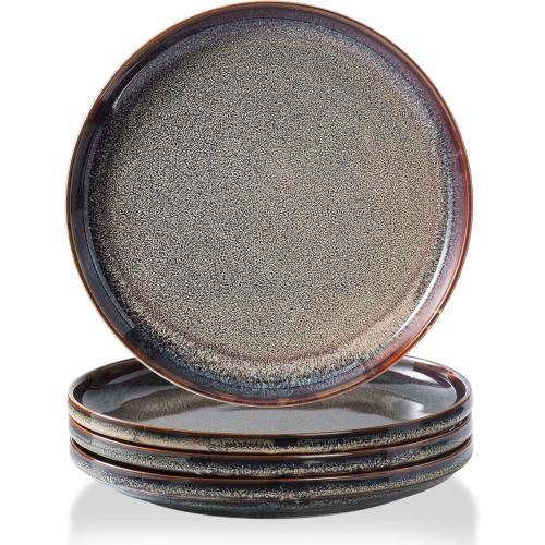 Ceramic Flat Plates Set of 4-8 in - The Dessert, Salad, Appetizer, Small Lunch, etc Plate. Microwave, Oven, and Dishwasher Safe, Scratch Resistant. Kitchen Porcelain Dish-Caramel Brown