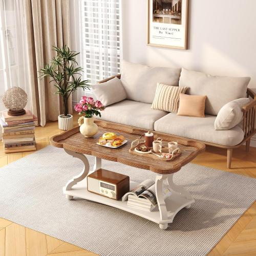 Function Home Farmhouse Coffee Table, 2-Tier Center Table with Storage Shelf, 39.8 French Country Rectangle Accent Table with Natural Tray Top and Curved Legs for Living Room Balcony, Vintage White