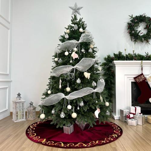 70 Inch Velvet Christmas Tree Skirt with Golden Swirl Embroidery and Lace Tie Closures, Burgundy