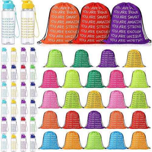 End of Year Gift 17 oz Motivational Plastic Water Bottles Bulk and Drawstring Backpack Set Rainbow Colored Inspirational Teacher Gifts Set Back to School Party Favor Supplies
