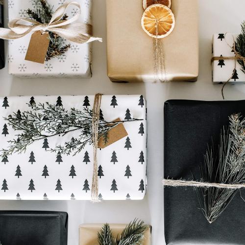 Holiday Kraft Wrapping Paper Set (4 Rolls, 120 sq. ft. total) Black, White, Brown, Christmas Trees, Snowflakes with Cutting Grid Lines on Back