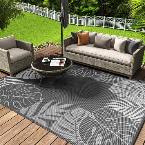 Size 9x12 Color Black and white COCOER Tropical Outdoor Rug 9x12 Reversible-Waterproof Patio Rug-Quick Dry Outdoor Carpet-Outdoor Area Rugs Indoor Outdoor Rugs-Outside Rug Patio Decor for Porch Deck Balcony Backyard