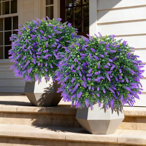 Artificial Lavender Topiary Ball Trees, 2 Set of UV Resistant Fake Evergreen Shrubs Bushes Plants with Ground Spike, Fake Plants for Outdoor Indoor Front Porch Garden