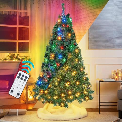 Lulu Home 6FT Christmas Tree, Artificial Christmas Tree with RC 300 LEDs Warm White & Multicolored String Lights(NOT Pre-Strung) for Indoor Outdoor Winter Decoration, 11 Lighting Modes with Timer
