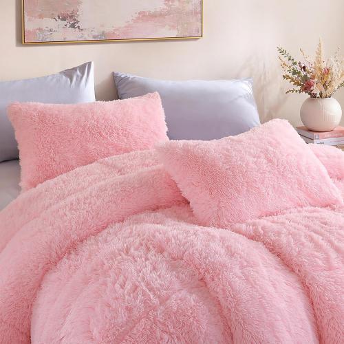 Smoofy Fluffy Full Size Comforter Set, Faux Fur Pink Comforter Set, Luxury Fuzzy Bedding Set, Soft Shaggy Full Bed Set for All Season, 3 Pieces - 1 Comforter & 2 Pillowcases