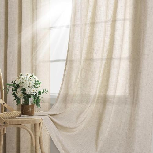 Beige Flax Linen Curtains 90 Inches Long for Bedroom Grommet Burlap Farmhouse Rustic Drapes Light Filtering Tan Semi Sheer 90 Inch Length Window Curtain 2 Panels Set for Living Dining Room
