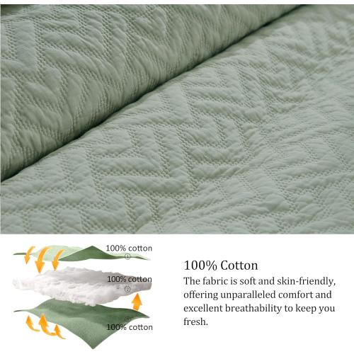 palassio Sage Green 100% Cotton Quilt Queen Size Bedding Sets with 2 Pillow Shams, Lightweight Textured Farmhouse Country Bedspread Soft Shabby Chic Patterned Coverlet for All Season, 3 Pieces