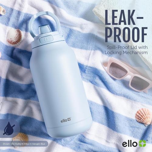 Ello Hydra 64oz Stainless Steel Water Jug with Locking Leak Proof Lid | Reusable Half Gallon Vacuum Insulated Metal Bottle with Silicone Straw, Keeps Drinks Cold All Day, Gift Ready, Black