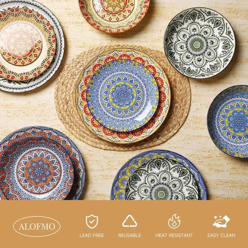 Multicolor 12pc Ceramic Dinnerware 12 Pieces Dinner Set,Plates Pasta Bowls Cereal Bowls Reactive Change Glaze Dish Sets, Modern Stoneware Dishe Bohemian colors (Bohemia)