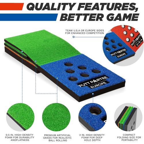 Indoor-Outdoor Golf Game Set - Golf Pong Putting Game with 11 Ft. Flat Green, 2 Height-Adjustable Putters, 2 Balls, & Bag. Portable Tailgating or Backyard Games for All Ages by Putt Partee