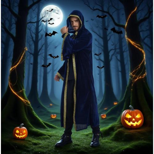 Wizard Robe Cloak with Hood Men Women, Renaissance Costume Medieval Velvet Cape Long Sleeve Halloween Dress Up
