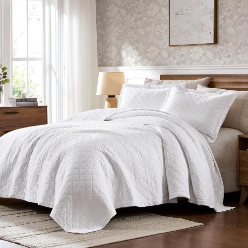 WDCOZY 100% Pre-Washed Cotton King Size Quilt Set - White Ruffle Box Soft Lightweight Bedspread, Textured Like Linen, Farmhouse Country Rustic Coverlet, Shabby Chic Gauze Bedding, 3 Pieces