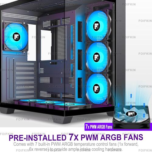 FOIFKIN F600 PC Case - Pre-Installed 7 PWM ARGB Fan, ATX Mid-Tower Gaming PC Case, 270° Panoramic Glass with Type-C, FOIFKIN (Black, F600)