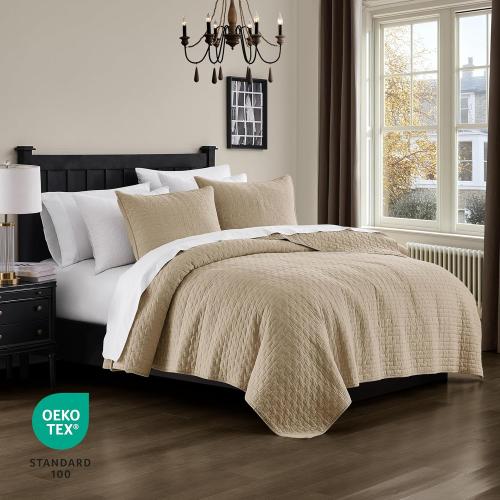 palassio Dark Beige 100% Cotton Quilt King Size Bedding Sets with 2 Pillow Shams, Textured Lightweight Soft Bedspread Shabby Chic Coverlet, Quilted Comforter Bed Cover for All Season, 3 Pieces